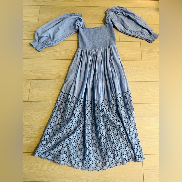 Free people smocked blue maxi eyelet dress blue size small - Picture 6 of 12